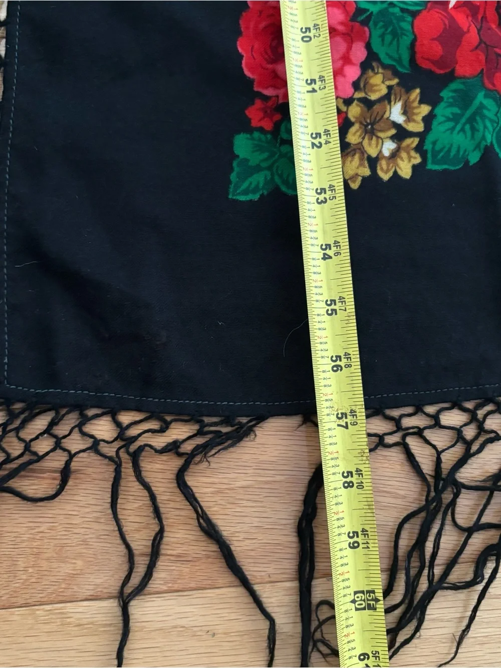 Vintage Russian Wool Floral Shawl Black Floral 52